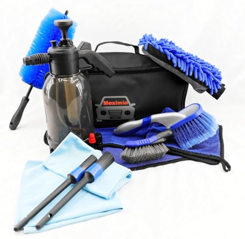 Meximia Kit Nettoyage Voiture,12PCS, Bouteille Spray Mousse prélavage, Gant Lavage Microfibre, Brosses Jantes et pneus, Pinceaux De Détail, Sac De Rangement