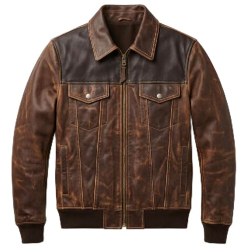 MARKDO Men’s Leather Trucker Jacket, Vintage Brown Bomber