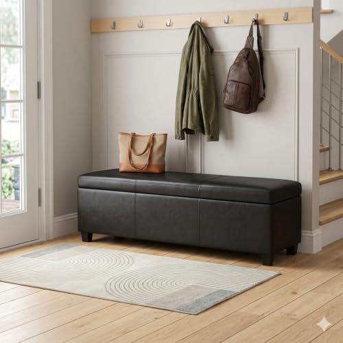 Image of SIMPLIHOME Avalon 60 inch Wide Fabric Storage Ottoman in Midnight Black