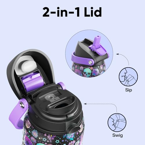 Image of Insulated Water Bottle with Straw - Encool Stainless Steel Water Bottle with Push Button Lid, Leak-Proof & BPA-Free, Keeps Cold for 24 Hours for Sports, Travel, Gym (32 oz, Floral Afterlife)