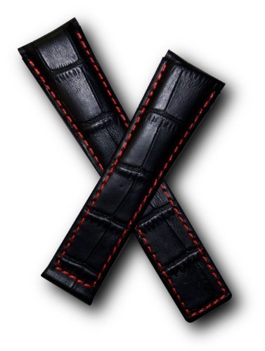 TH-MCO-01-0531 - 22 mm Black Crocodile-Style Leather Deployment Watch Strap with red Stitching and red Lining Compatible with TAG Heuer Monaco, Silverstone, Targa Florio Models Listed
