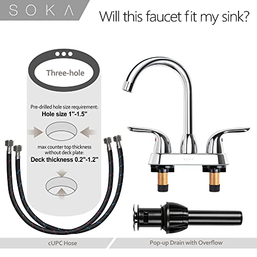 SOKA Two Handles Centerset Bathroom Faucet for Sink High Arc Stainless Steel with Deck Plate & Pop-Up Drain Assembly Fit 3 Hole Installation, Chrome (SK18001C) - Image 6