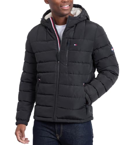 Image of Tommy Hilfiger Men's Midweight Sherpa Lined Hooded Water Resistant Puffer Jacket