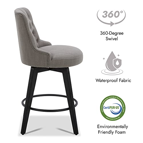 Image of Watson & Whitely Counter Height Bar Stools Swivel Barstools, Fabric Grey | Upholstered Modern Barstool with Back, Solid Wood Legs, 26 inch H Seat