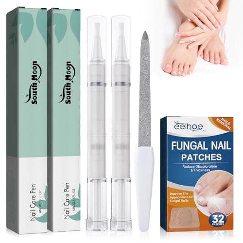 2 Lápices Cuidado Uñas + 32 Parches Reparadores + Lima | Kit Completo Reparación & Fortalecimiento | Aceite de Árbol de Té & Vitamina E | Para Uñas Dañadas, Descoloridas (Manos/Pies)