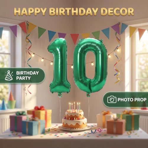 Image of Number 10 Balloon Foil Mylar Balloons for Birthday Party Decoration (Green, 16 Inch)