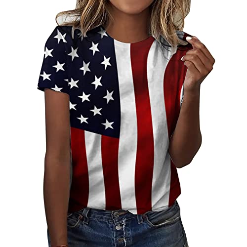 Gerichy 4Th Of July Shirts Women, Womens Summer Casual American Flag Print Short Sleeve Tshirts Crew Neck Loose Blouses Tops #TOP11