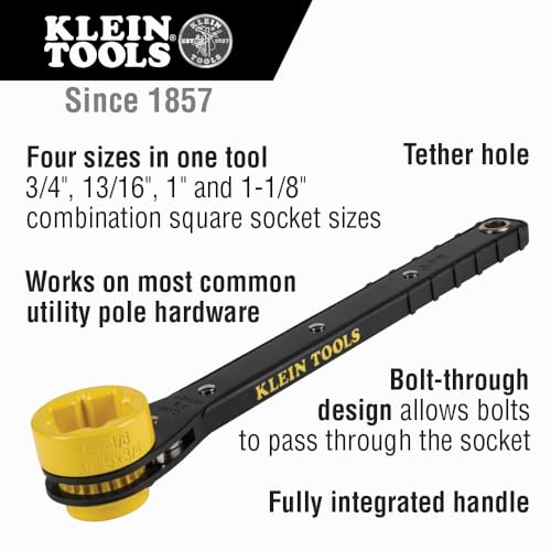 Image of Klein Tools KT152T 4-in-1 Lineman's Slim Ratcheting Wrench with Long, Ridged Handle for Grip and Leverage