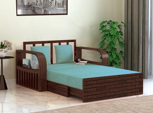 Image of APRODZ Solid Sheesham Wood Sofa Cum Bed 2 Seater Velevt Fabric with Turquoise Upholstery Sofa Furniture for Home Living Office Room and Guests (Walnut Finish 75x51x30-Inch)