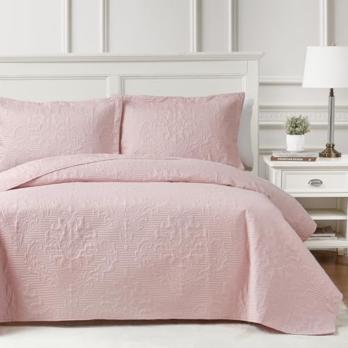 Hansleep Pink Quilt Queen Size - Ultrasonic Summer Bedspread Queen Soft Lightweight Coverlet Bedding Set 3 Pieces (1 Quilt 2 Pillow Shams)