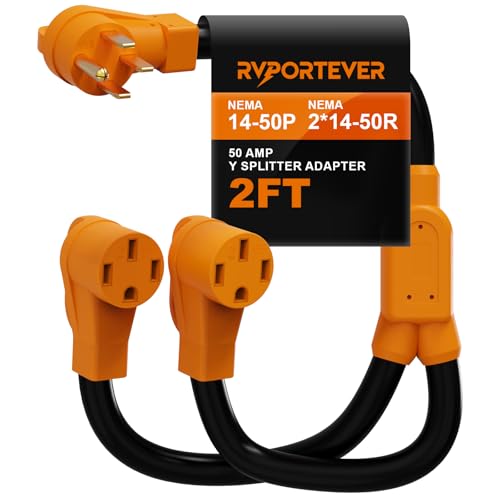 RVPORTEVER 50 Amp RV/EV Splitter Adapter Cord 4 Prong 250V NEMA 14-50P to 2X 14-50R ETL Listed Heavy Duty 6/3+8/1 AWG 250V 2FT Power Extension Cord for EV RV Trailer Camper Charging