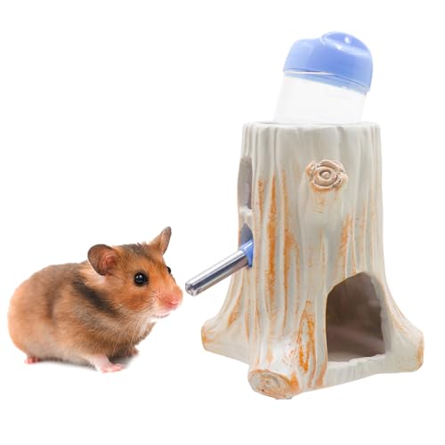 Hamster Water Bottle, Adjustable Resin Stump Water Stand Holder with 80 ML Water Bottle, Small Animal Cage Accessories and Decoration, Suitable for Hamsters Rats
