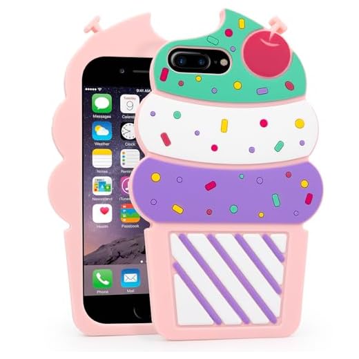 Dumkery Cute iPhone 7 Plus/ 8 Plus Case, Ice Cream iPhone 6 Plus Case, Cupcakes iPhone 6s Plus Cases, 3D Cartoon Soft Silicone Shockproof Cover for Girls Kids Women