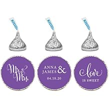 Andaz Press Personalized Chocolate Drop Labels Stickers, Wedding Love is Sweet, Royal Purple, 216-Pack, Custom Name, for Bridal Shower Engagement Kisses Party Favors Decor