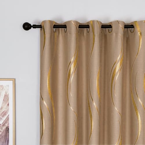 MYRU 1 Pair Brown Blackout Curtains for Bedroom, Luxury Striped Curtains for Living Room(Light Brown and Gold, 2 Panels 54 x 106 Inch)