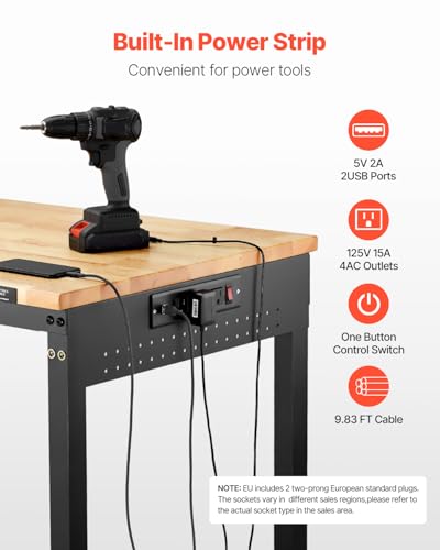 Image of VEVOR Adjustable Workbench, 48-Inch Work Bench with Power Outlet, Wheels, and Pegboard, 2000 lbs Load Heavy Duty Oak Wood Top Work Table for Garage, Workshop, Office, and Home