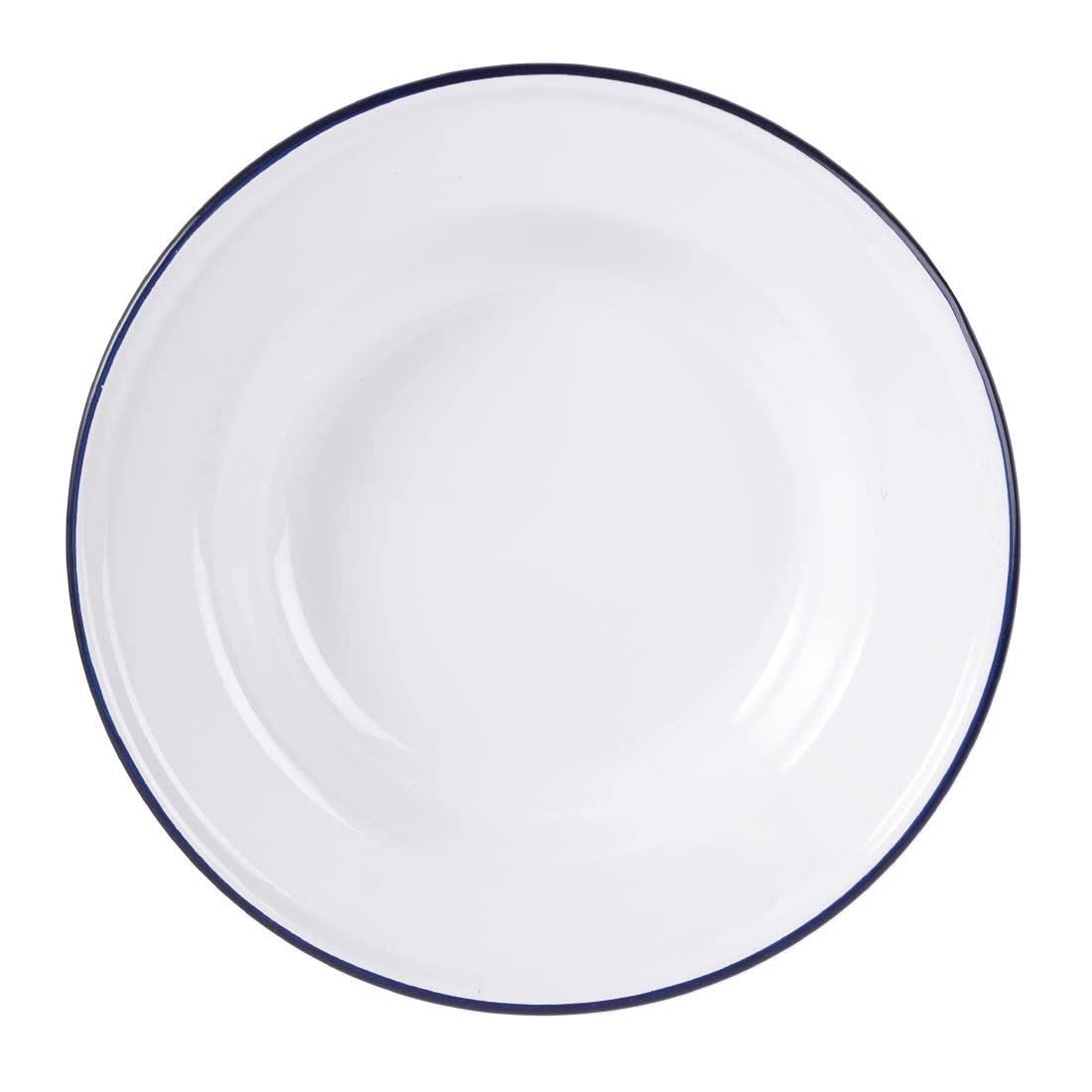 Olympia Assiettes creuses en acier émaillé 245 mm (lot de 6), blanches avec bord bleu, empilables, usage professionnel et domestique, passe au lave-vaisselle et au four, GM513