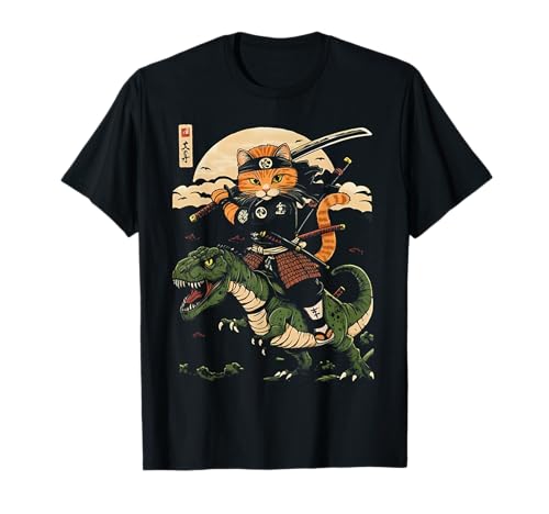 Camiseta samurai cat riding dinosaur vintage warrior japanese art camiseta