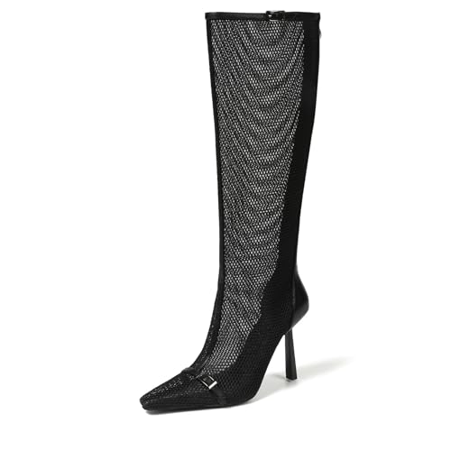 AMINUGAL Knee High Boots For Women Fashion Winter Booties Pointed Toe Stiletto High Heel Bukle Strap Womens Mesh Long Boot Party Dress Christmas Shoes