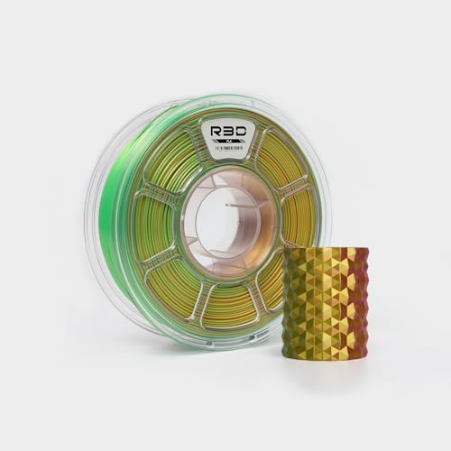 R3D Tri Color Silk PLA Filament, Co-Extrusion 3D Printer Filament 1.75mm, 30-370 mm/s High Speed PLA, Dimensional Accuracy +/- 0.02 mm, 1KG Plastic Spool (Silk Gold-Green-Fuchais)