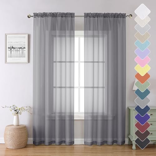 Lecloud Charcoal Grey Sheer Curtains 84 Inches Long 2 Panels, Voile Airy Light Filtering Curtains...