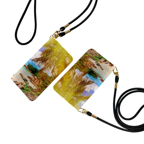 igcase Galaxy A41 用 手帳型ケース ストラップ付き ショルダー スマホ 落下防止 手帳型 マグネット式 ピタッと閉まる スマホカバー 肩掛け 斜めかけ 014987 景色 風景 夏 海 南国 ヤシの木