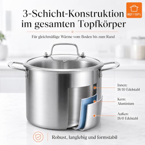 DELARLO Kochtopf Induktion 24 cm, 7,6 L Edelstahl Fleischtopf mit Deckel – Ansicht 2