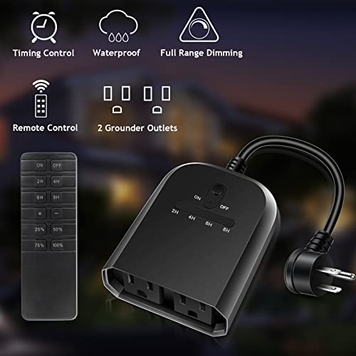 Image of Outdoor Dimmer for String Lights, Remote Control Light Dimmer Plug in, Light Timer Outdoor Waterproof, 100FT Range with 2 Grounded Outlets for Dimmable LED /Tungsten Bulb /Patio Lights