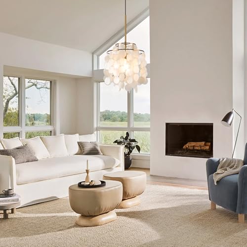 FISGONI Capiz Shell Pendant Light 2 Tiers Round White Chandelier Coastal Ceiling Hanging Fixture for Living Roo,Dining Table, Bedroom, Kitchen, Foyer,W-11'' - Image 7