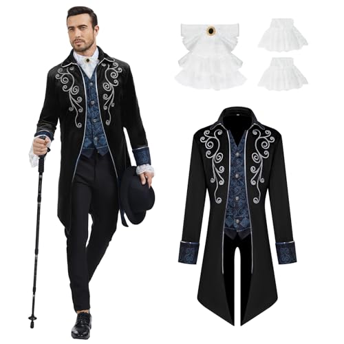 rumnigh Men‘s Medieval Victorian Jacket Steampunk Tailcoat Halloween Costume (Black, X-Large)