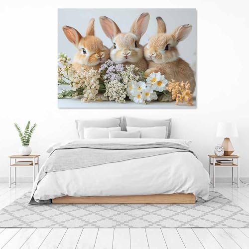 Tableau lapin peinture murale fleurie beige pour salon et décoration murale toile