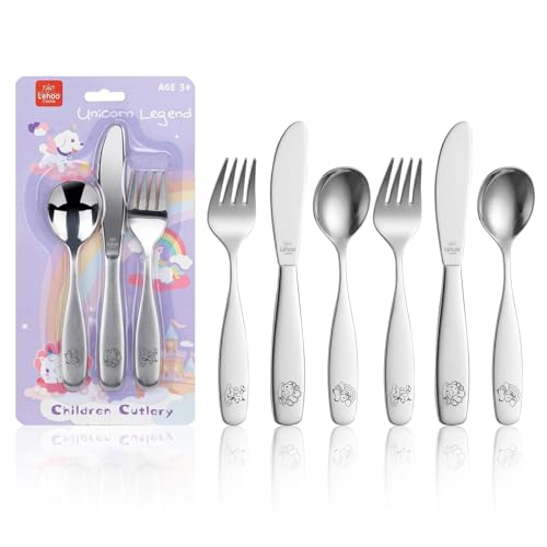 Lehoo Castle Couvert Enfant, 6 PCS Couvert Enfant Inox, 2 x Fourchette Enfant, 2 x Couteau, 2 x Cuillere, Set Couvert Bebe pour Garçons Filles de 3+ Ans