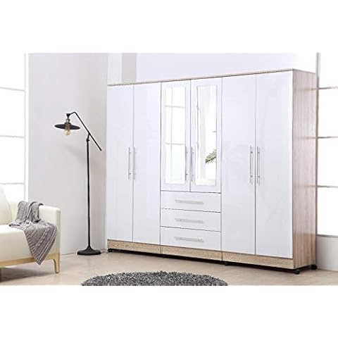 Unique Furnishings Gloss White Large Wardrobe - 6 Door 3 Drawers & Long Mirror Cover