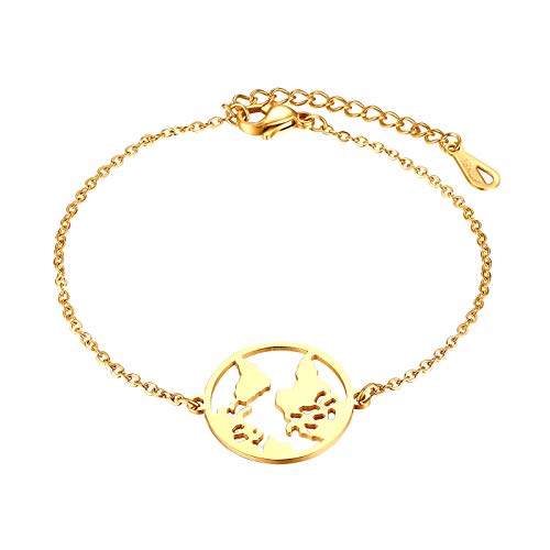JewelryWe Pulsera de mujer, acero inoxidable, color a elegir, colgante de mapamundi, regalo, 16 cm, Acero inoxidable
