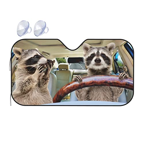 Windshield Sun Shade Funny Raccoon Driving Car Car Front Window Sunshade Blocker Uv Visor Retractable Automotive Sunshades For Vehicle Suv Truck Protector #TOP9