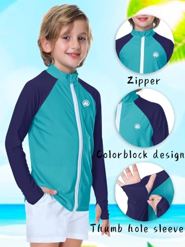 Image of AOBUTE Unisex Kids Zipper Rash Guard Boys UPF 50+ UV Protection Sun Shirt with Thumb Hole 3-12 Years