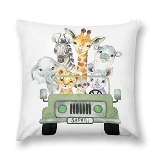 Image of HawSkgFub Baby Boy Girl Safari Animal Truck Decorative Nursery Pillowcase Throw Pillow Cover, Jungle Cushion Case Bedroom Playroom Baby Shower Decor, Elephant Zebra Giraffe Lion Neutral Kid Gift 20x20