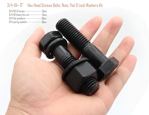 Image of LBY 3 Sets Hex Bolts Kit, 3 /4-10x3'' Hex Head Screws Bolts (Partially Threaded), with Heavy-Duty Nuts, Flat & Lock Washers, Alloy Steel (Black)