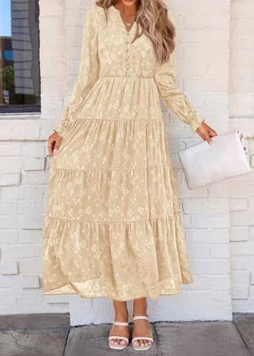 Image of KIRUNDO Spring Wedding Guest Dresses for Women 2026 Maxi Floral Long Sleeve Elegant Ruffle Tiered Flowy Party Long Dress