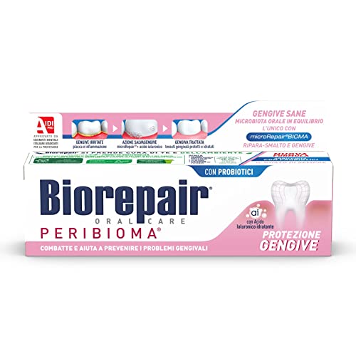 Biorepair, Dentifricio Protezione Gengive, per Gengive Sane, Antibatterico, Antiplacca, con Acido Ialuronico, Calendula e Spirulina, Senza Fluoro, 6 Confezioni da 75 ml