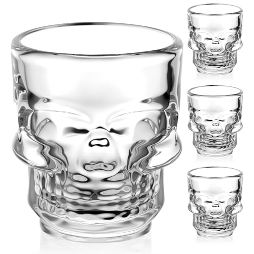 AOOTE Bicchieri da Liquore a Forma di Teschio, Set di 4 Scheletro Tazza Vodka, Tazza di Rum Scheletro, Bicchieri Amaro Vetro Doppia Parete, per Case, Caffetterie, Ristoranti, Bar e Feste, 50 ml