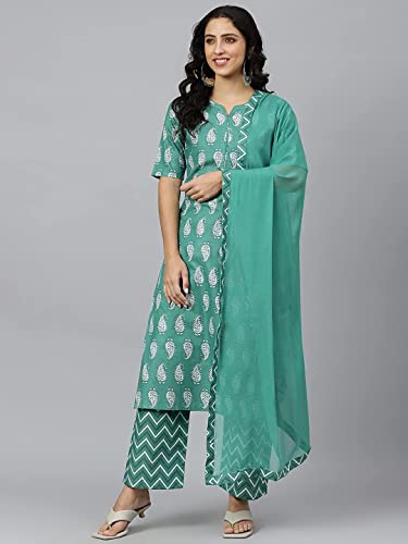 Image of GoSriKi Women's Cotton Blend Printed Straight Kurta, Palazzo & Dupatta (Tinka New-GO)