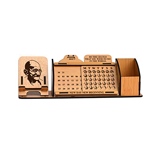 Image of GKD Desk Calendar Lifetime Infinite Perpetual Wooden Table Calendar Best For Office Stationery Items With Mobile Stand And Desk Organizer Big Size (Bamboo) (Mahatma Gandhi)