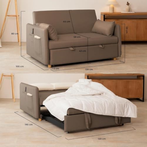 Miniatura 3 de Nalui- Sofa Cama 2 Plazas 3 En 1 Nest 2 139x100x80cm Con Respaldo Ajustable Y 2 Almohadas. Sofa Cama Chaise Longue, Soporta Hasta 240kg. Sofa 2 Plazas Convertible En Cama 120x190cm, Chocolate