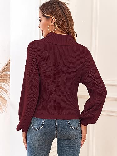 Image of ZAFUL Women's Cropped Turtleneck Sweater Lantern Sleeve Ribbed Knit Pullover Sweater Jumper