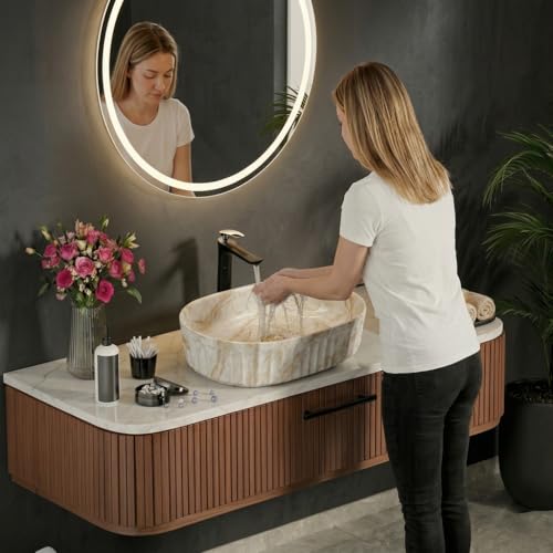Image of BASSINO 22x14x6 Inches Ceramic Table Top Wash Basin /Designer Bathroom Sink /Glossy Countertop Vessel Basin /Oblong-Oval Above Counter Basin /Wash Basin for Bathroom /Dining Hall(White and Beige Marble)