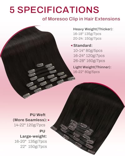 Image of Moresoo Brown Seamless Clip in Hair Extensions Human Hair, 14Inch PU Weft | Clip in hair extensions, dark brown, 120g 7pcs, for office users and beginners, natural blending, subtle volume enhancement