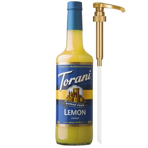 Torani Sugar Free Syrup, Lemon Flavoring for Drinks, Zero Calorie, Glass Bottle with Pump Included, 25.4 Fl Oz