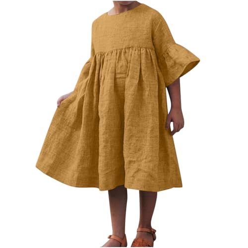 Girls Summer Baggy Cotton Linen Dress Loose Short Sleeve Casual A-Line Swing Cute Dresses with Pockets for 3-12 Years