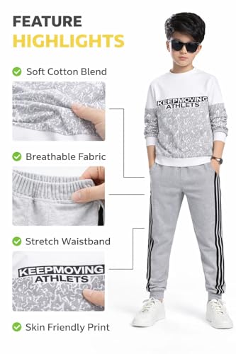 Image of LilBits Boys Summer Co Ord Set | Cotton Blend Printed T-Shirt & Track Pants Outfit | Kids Casual Top Bottom Clothing Set 2-16 Years